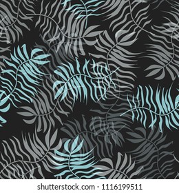 Tropical seamless pattern with leaves. Beautiful tropical isolated leaves. Fashionable summer background with leaves for fabric, wallpaper, paper, covers.