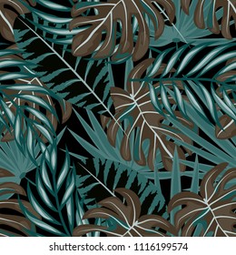 Tropical seamless pattern with leaves. Beautiful tropical isolated leaves. Fashionable summer background with leaves for fabric, wallpaper, paper, covers.