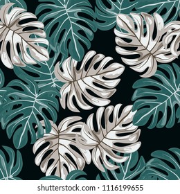 Tropical seamless pattern with leaves. Beautiful tropical isolated leaves. Fashionable summer background with leaves for fabric, wallpaper, paper, covers.