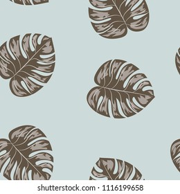 Tropical seamless pattern with leaves. Beautiful tropical isolated leaves. Fashionable summer background with leaves for fabric, wallpaper, paper, covers.