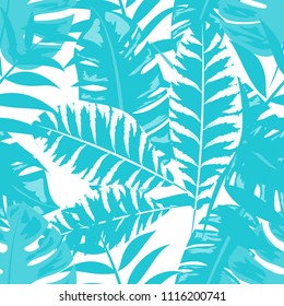Tropical seamless pattern with leaves. Beautiful tropical isolated leaves. Fashionable summer background with leaves for fabric, wallpaper, paper, covers.