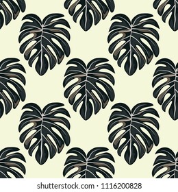 Tropical seamless pattern with leaves. Beautiful tropical isolated leaves. Fashionable summer background with leaves for fabric, wallpaper, paper, covers.