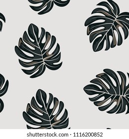 Tropical seamless pattern with leaves. Beautiful tropical isolated leaves. Fashionable summer background with leaves for fabric, wallpaper, paper, covers.