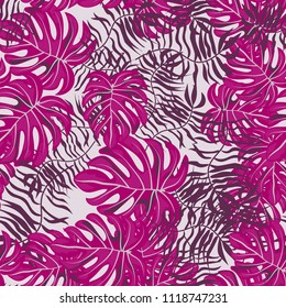 Tropical seamless pattern with leaves. Beautiful tropical isolated leaves. Fashionable summer background with leaves for fabric, wallpaper, paper, covers.