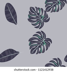 Tropical seamless pattern with leaves. Beautiful tropical isolated leaves. Fashionable summer background with leaves for fabric, wallpaper, paper, covers.