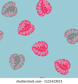 Tropical seamless pattern with leaves. Beautiful tropical isolated leaves. Fashionable summer background with leaves for fabric, wallpaper, paper, covers.