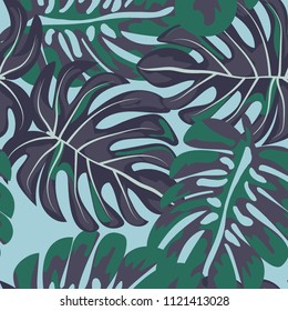 Tropical seamless pattern with leaves. Beautiful tropical isolated leaves. Fashionable summer background with leaves for fabric, wallpaper, paper, covers.