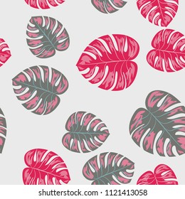 Tropical seamless pattern with leaves. Beautiful tropical isolated leaves. Fashionable summer background with leaves for fabric, wallpaper, paper, covers.