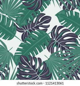 Tropical seamless pattern with leaves. Beautiful tropical isolated leaves. Fashionable summer background with leaves for fabric, wallpaper, paper, covers.