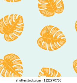 Tropical seamless pattern with leaves. Beautiful tropical isolated leaves. Fashionable summer background with leaves for fabric, wallpaper, paper, covers.