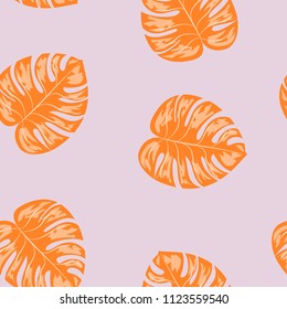 Tropical seamless pattern with leaves. Beautiful tropical isolated leaves. Fashionable summer background with leaves for fabric, wallpaper, paper, covers.