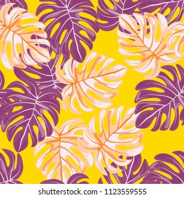 Tropical seamless pattern with leaves. Beautiful tropical isolated leaves. Fashionable summer background with leaves for fabric, wallpaper, paper, covers.
