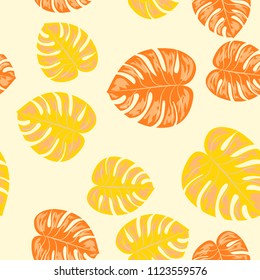 Tropical seamless pattern with leaves. Beautiful tropical isolated leaves. Fashionable summer background with leaves for fabric, wallpaper, paper, covers.