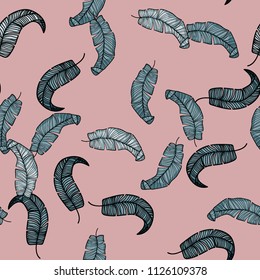 Tropical seamless pattern with leaves. Beautiful tropical isolated leaves. Fashionable summer background with leaves for fabric, wallpaper, paper, covers.
