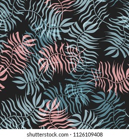 Tropical seamless pattern with leaves. Beautiful tropical isolated leaves. Fashionable summer background with leaves for fabric, wallpaper, paper, covers.