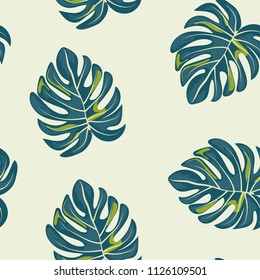 Tropical seamless pattern with leaves. Beautiful tropical isolated leaves. Fashionable summer background with leaves for fabric, wallpaper, paper, covers.