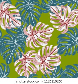 Tropical seamless pattern with leaves. Beautiful tropical isolated leaves. Fashionable summer background with leaves for fabric, wallpaper, paper, covers.
