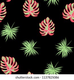 Tropical seamless pattern with leaves. Beautiful tropical isolated leaves. Fashionable summer background with leaves for fabric, wallpaper, paper, covers.