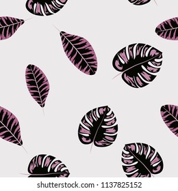 Tropical seamless pattern with leaves. Beautiful tropical isolated leaves. Fashionable summer background with leaves for fabric, wallpaper, paper, covers.