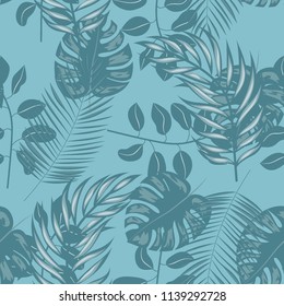 Tropical seamless pattern with leaves. Beautiful tropical isolated leaves. Fashionable summer background with leaves for fabric, wallpaper, paper, covers.