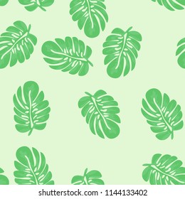Tropical seamless pattern with leaves. Beautiful tropical isolated leaves. Fashionable summer background with leaves for fabric, wallpaper, paper, covers.