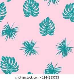 Tropical seamless pattern with leaves. Beautiful tropical isolated leaves. Fashionable summer background with leaves for fabric, wallpaper, paper, covers.
