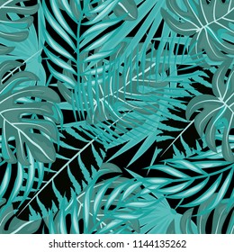 Tropical seamless pattern with leaves. Beautiful tropical isolated leaves. Fashionable summer background with leaves for fabric, wallpaper, paper, covers.