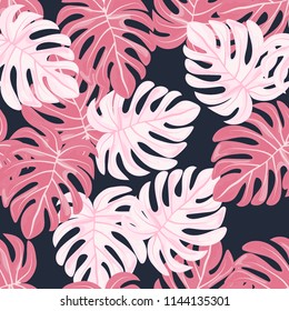 Tropical seamless pattern with leaves. Beautiful tropical isolated leaves. Fashionable summer background with leaves for fabric, wallpaper, paper, covers.