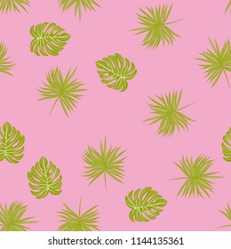 Tropical seamless pattern with leaves. Beautiful tropical isolated leaves. Fashionable summer background with leaves for fabric, wallpaper, paper, covers.