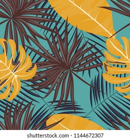 Tropical seamless pattern with leaves. Beautiful tropical isolated leaves. Fashionable summer background with leaves for fabric, wallpaper, paper, covers.