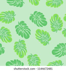 Tropical seamless pattern with leaves. Beautiful tropical isolated leaves. Fashionable summer background with leaves for fabric, wallpaper, paper, covers.