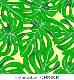 Tropical seamless pattern with leaves. Beautiful tropical isolated leaves. Fashionable summer background with leaves for fabric, wallpaper, paper, covers.