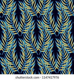 Tropical seamless pattern with leaves. Beautiful tropical isolated leaves. Fashionable summer background with leaves for fabric, wallpaper, paper, covers.