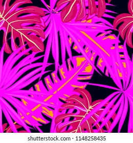 Tropical seamless pattern with leaves. Beautiful tropical isolated leaves. Fashionable summer background with leaves for fabric, wallpaper, paper, covers.
