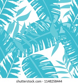 Tropical seamless pattern with leaves. Beautiful tropical isolated leaves. Fashionable summer background with leaves for fabric, wallpaper, paper, covers.