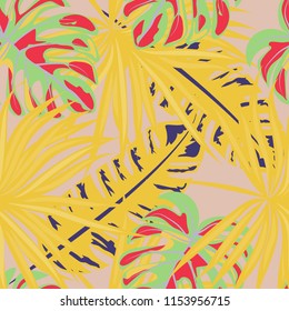 Tropical seamless pattern with leaves. Beautiful tropical isolated leaves. Fashionable summer background with leaves for fabric, wallpaper, paper, covers.