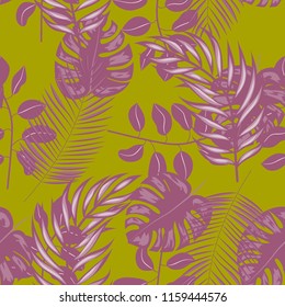 Tropical seamless pattern with leaves. Beautiful tropical isolated leaves. Fashionable summer background with leaves for fabric, wallpaper, paper, covers.