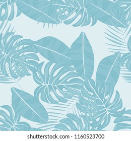 Tropical seamless pattern with leaves. Beautiful tropical isolated leaves. Fashionable summer background with leaves for fabric, wallpaper, paper, covers.
