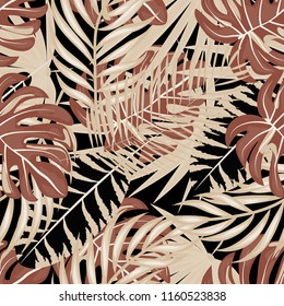 Tropical seamless pattern with leaves. Beautiful tropical isolated leaves. Fashionable summer background with leaves for fabric, wallpaper, paper, covers.