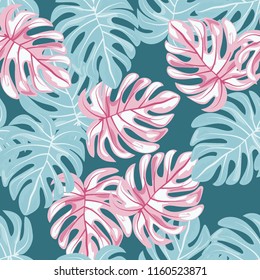 Tropical seamless pattern with leaves. Beautiful tropical isolated leaves. Fashionable summer background with leaves for fabric, wallpaper, paper, covers.