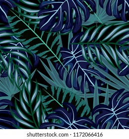 Tropical seamless pattern with leaves. Beautiful tropical isolated leaves. Fashionable summer background with leaves for fabric, wallpaper, paper, covers.