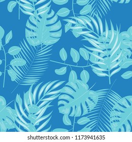 Tropical seamless pattern with leaves. Beautiful tropical isolated leaves. Fashionable summer background with leaves for fabric, wallpaper, paper, covers.