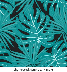 Tropical seamless pattern with leaves. Beautiful tropical isolated leaves. Fashionable summer background with leaves for fabric, wallpaper, paper, covers.