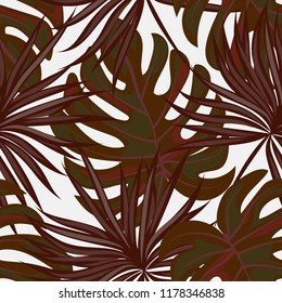 Tropical seamless pattern with leaves. Beautiful tropical isolated leaves. Fashionable summer background with leaves for fabric, wallpaper, paper, covers.