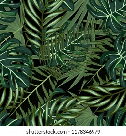 Tropical seamless pattern with leaves. Beautiful tropical isolated leaves. Fashionable summer background with leaves for fabric, wallpaper, paper, covers.