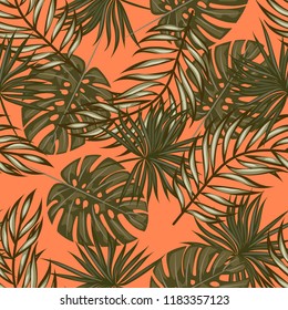 Tropical seamless pattern with leaves. Beautiful tropical isolated leaves. Fashionable summer background with leaves for fabric, wallpaper, paper, covers.