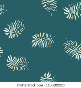 Tropical seamless pattern with leaves. Beautiful tropical isolated leaves. Fashionable summer background with leaves for fabric, wallpaper, paper, covers.