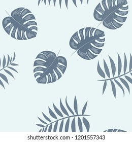 Tropical seamless pattern with leaves. Beautiful tropical isolated leaves. Fashionable summer background with leaves for fabric, wallpaper, paper, covers.