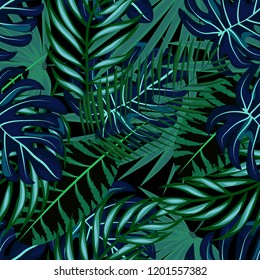 Tropical seamless pattern with leaves. Beautiful tropical isolated leaves. Fashionable summer background with leaves for fabric, wallpaper, paper, covers.