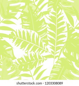 Tropical seamless pattern with leaves. Beautiful tropical isolated leaves. Fashionable summer background with leaves for fabric, wallpaper, paper, covers.